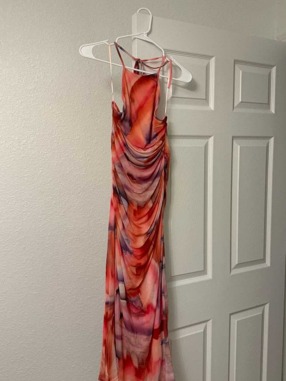 Zara Coral Pink Orange Watercolor Draped Maxi Dress